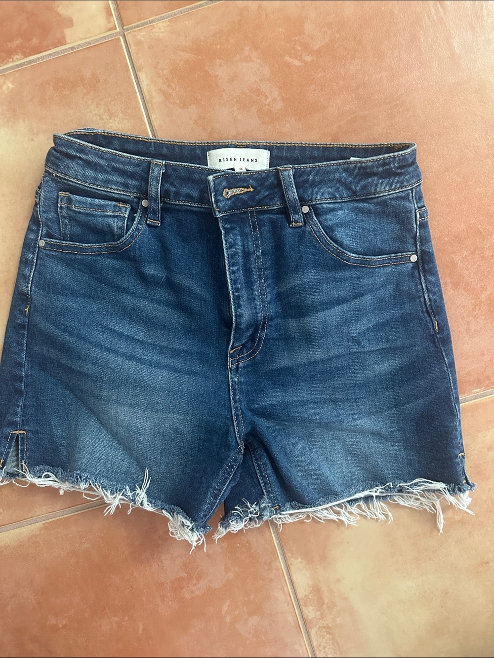 Risen Jeans Women's Dark Blue Frayed Hem Denim Shorts